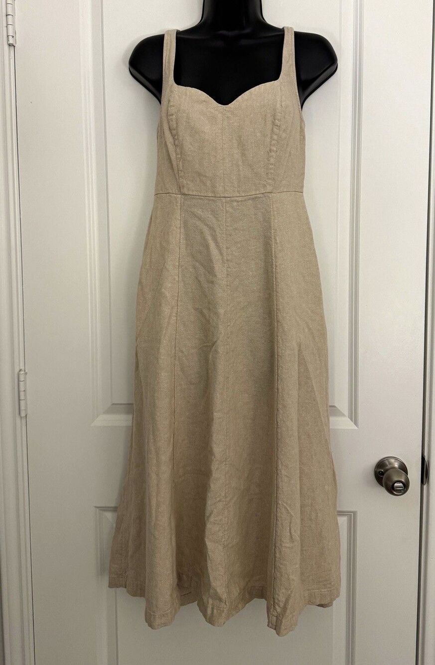 Old Navy Women’s S Beige Linen Sweetheart Smocked A-Line Midi Dress Pockets